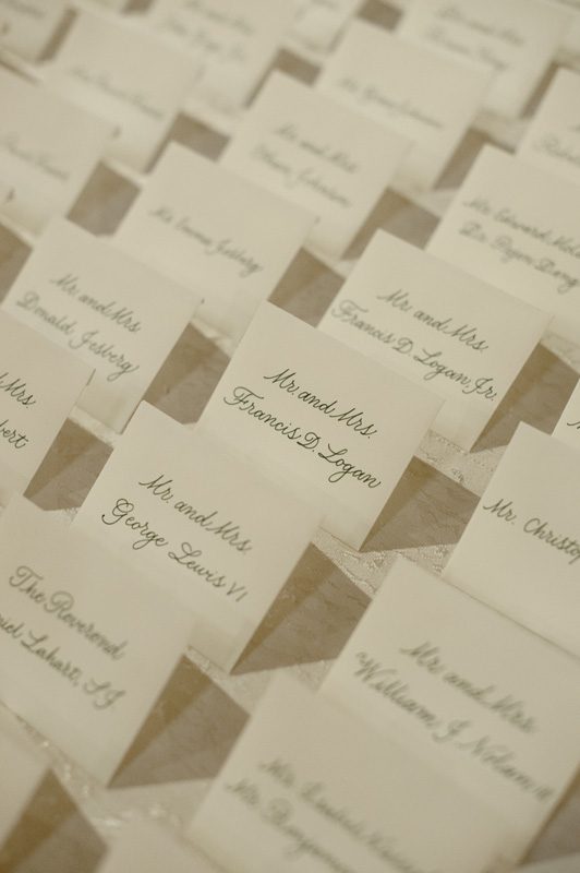 Wedding invitations for the guests arranged in a table