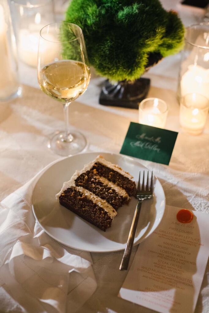 A piece of the wedding cake served on the table