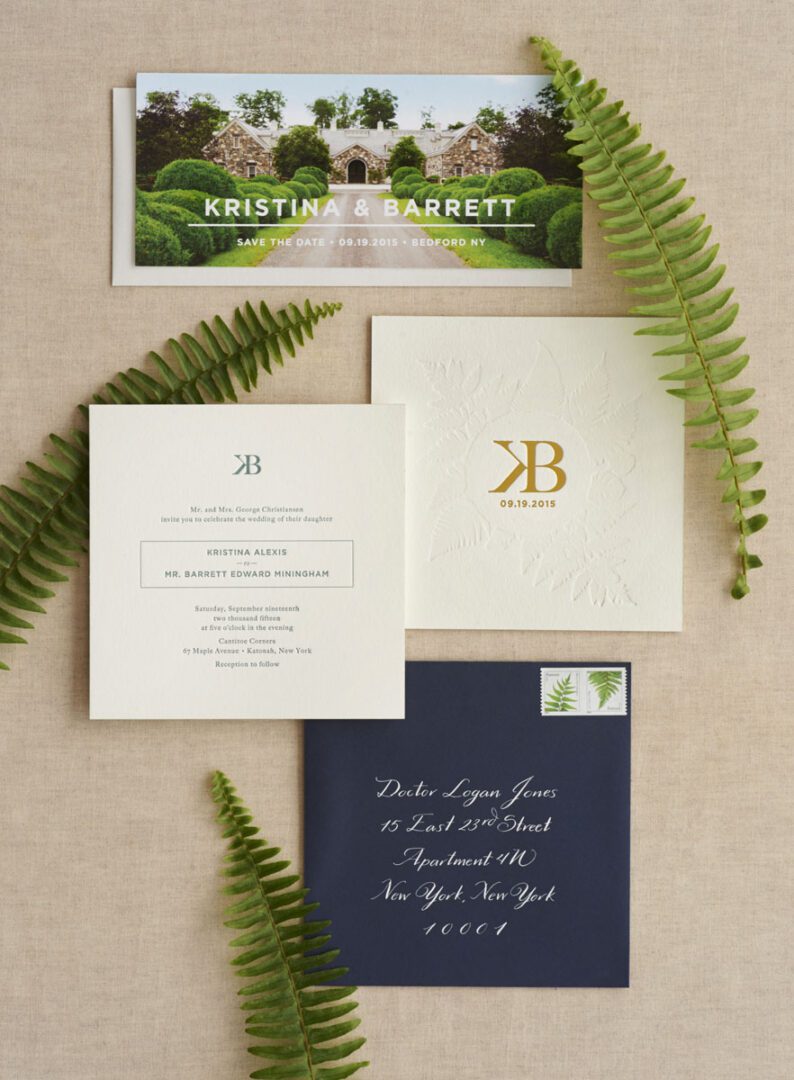 The designer wedding invitation cards are arranged