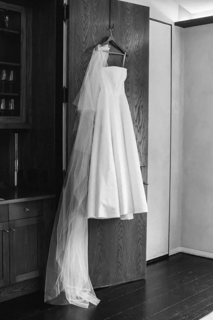 The bridal dress has been hanged for display