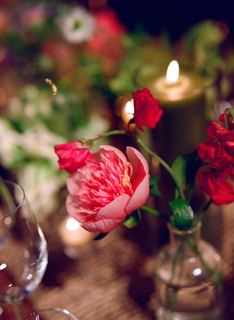 Beautiful red flowers arranged on the tables