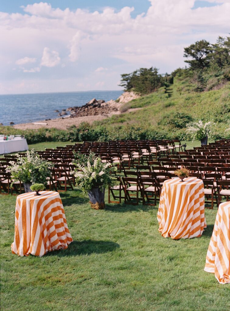 Decorated tables amidst scenic natural surroundings