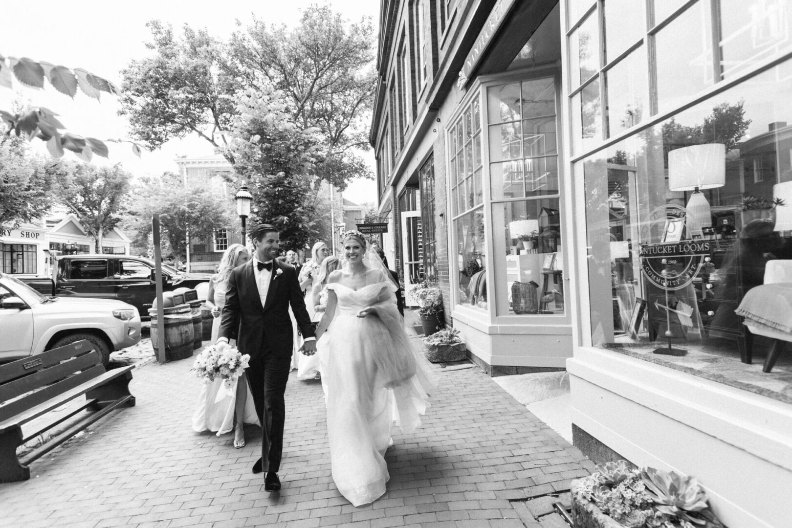 The bride and the groom take a stroll across the city