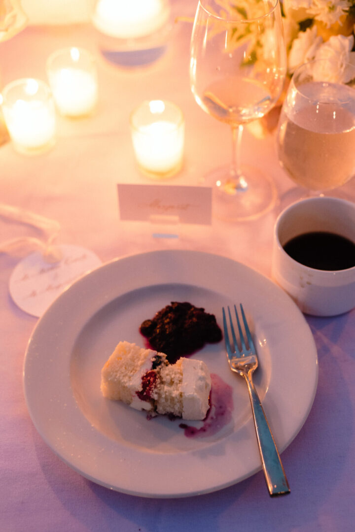 The wedding cake has been served on a plate