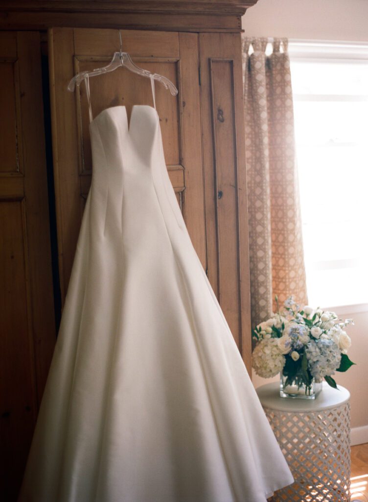 The wedding dress of the bride looks beautiful