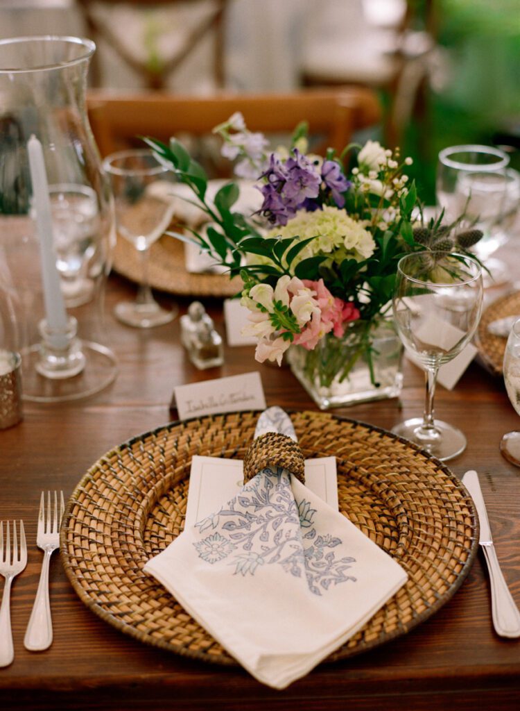 The dining table is adorned with colorful flowers