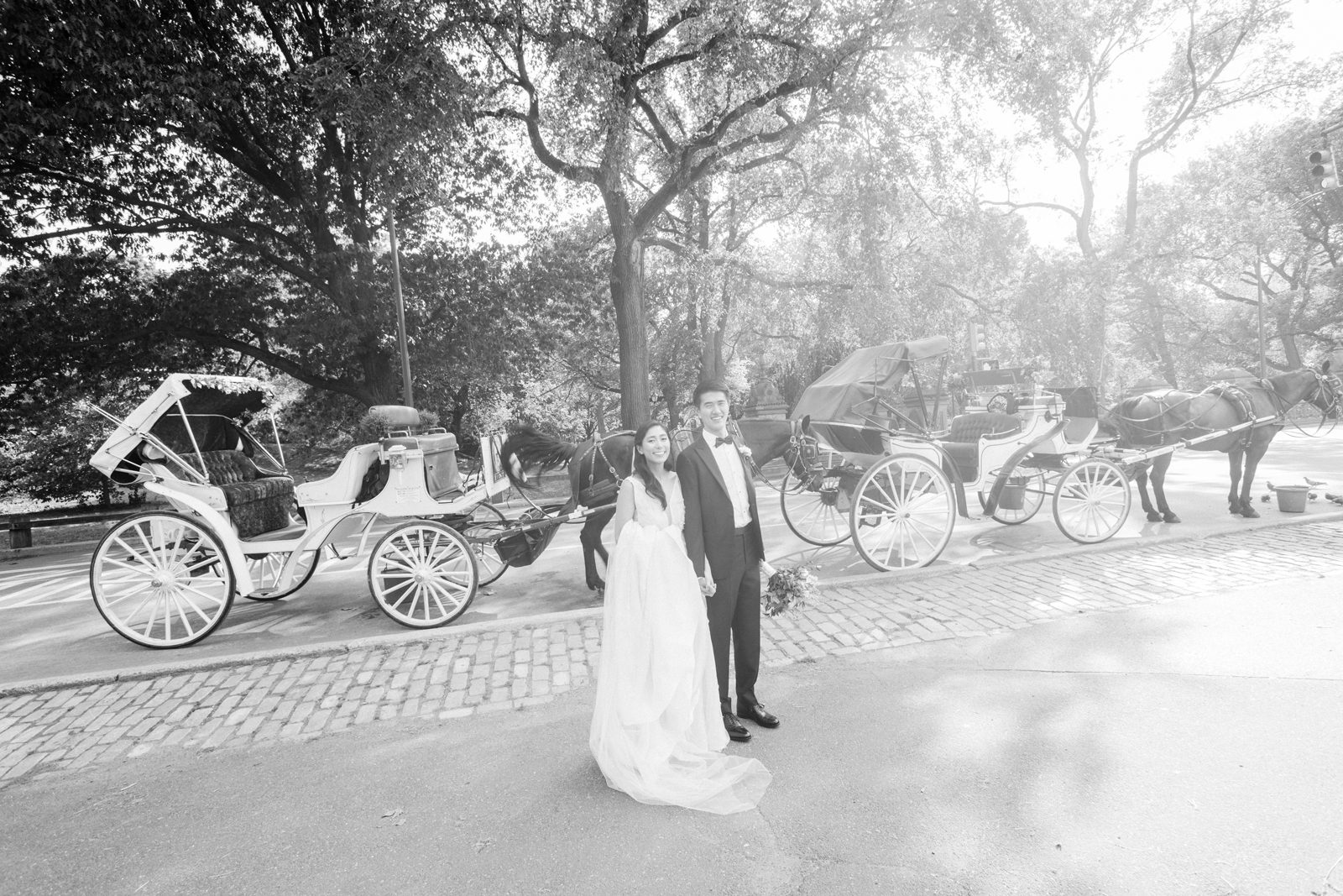 Newlywed couple standing in front of horse carts
