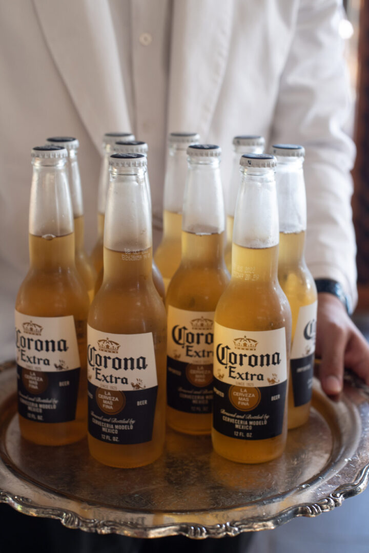 Tray filled with corona beer bottles