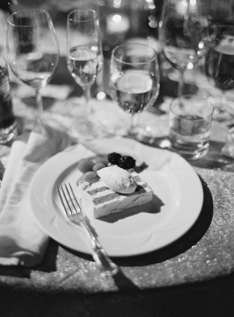 Dining table served with ice cream on the plate