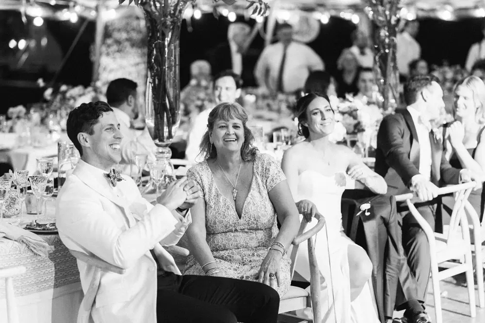 Black and white image of some people at the wedding